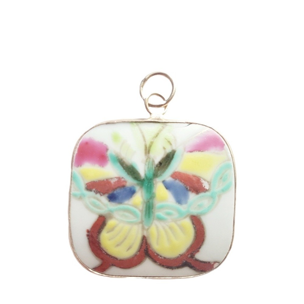 Vintage Hand Painted Porcelain Butterfly Pendant Square Silver Tone Charm Focal